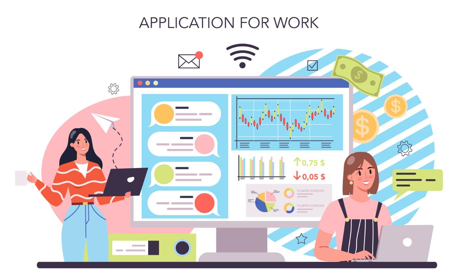 Works applications. Иллюстрация Векторная инвестор. Work приложение. Work application. Fundamental Analysis.